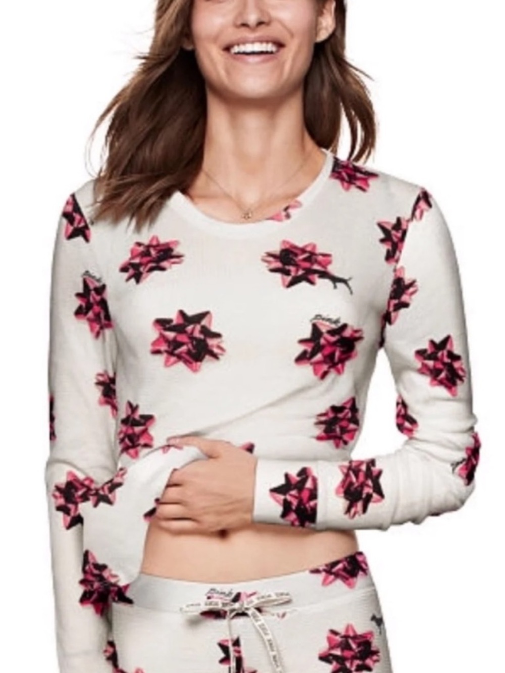 NWOT VS PINK Holiday Bow Waffle Pajama Top
